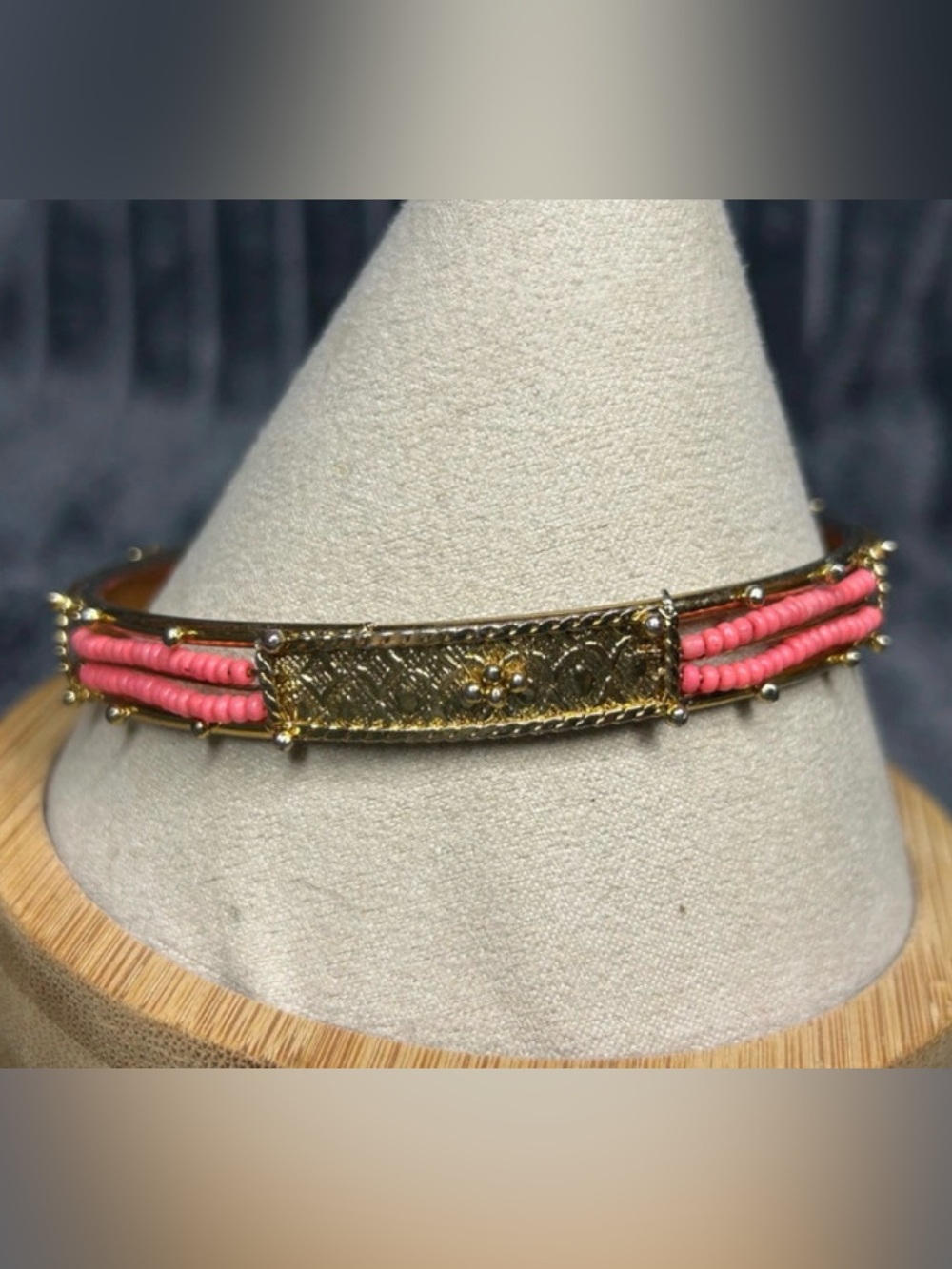 Gold-Tone Bracelet with Pink Beaded Strands and Decorative Bar